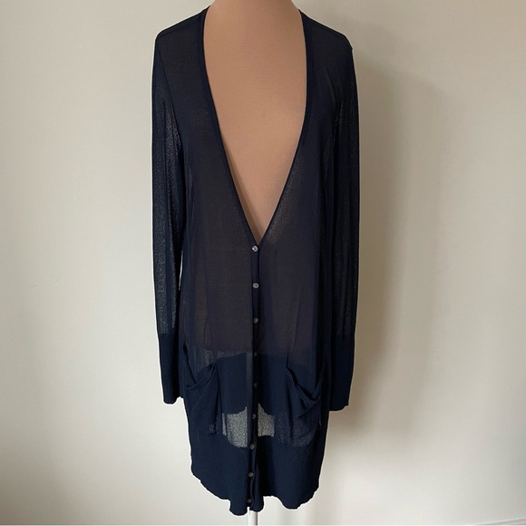 EILEEN FISHER Viscose Crepe Sheer Tunic Button Up V-Neck Blue Cardigan EUC Sz M - Picture 1 of 10